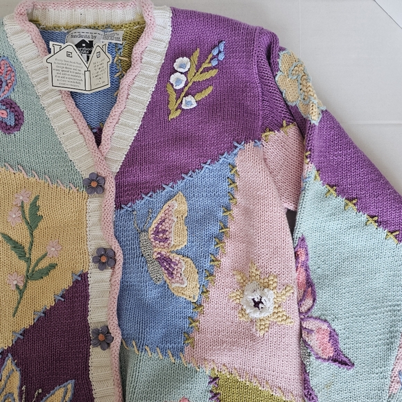 NWT Vtg Storybook Knits Butterfly & Floral Patchwork Sweater Cardigan Size L 90s - Picture 8 of 16